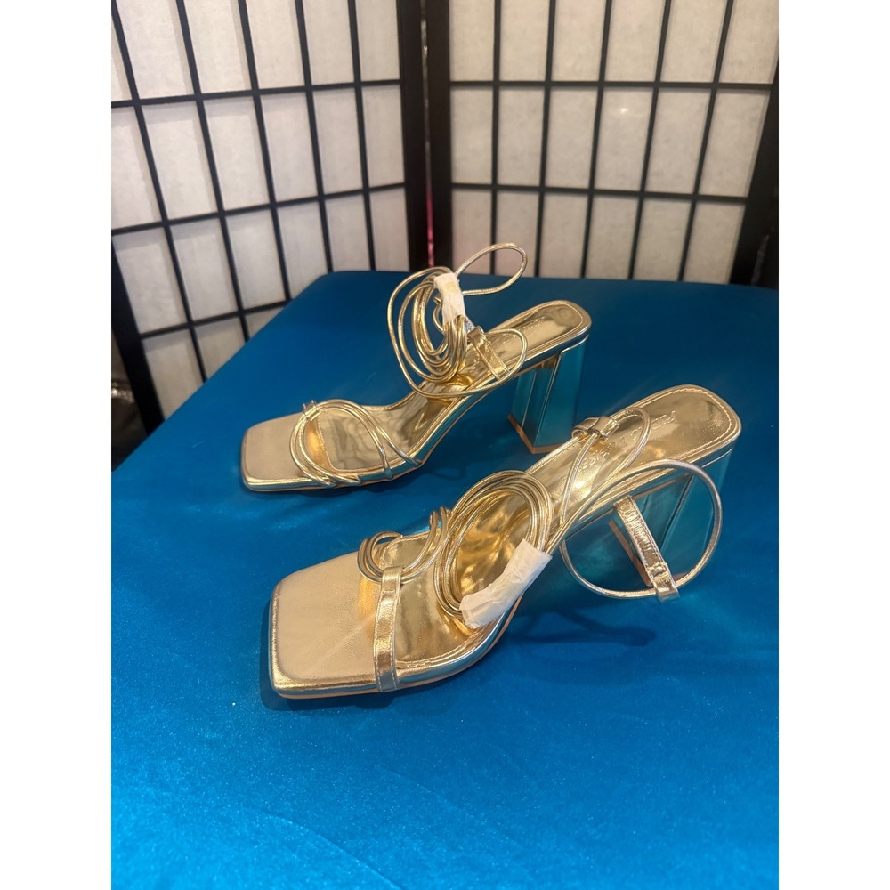 NEW Gold Metallic Strappy Lace Up Block Heel Sandals Women's 11.5 Square Toe